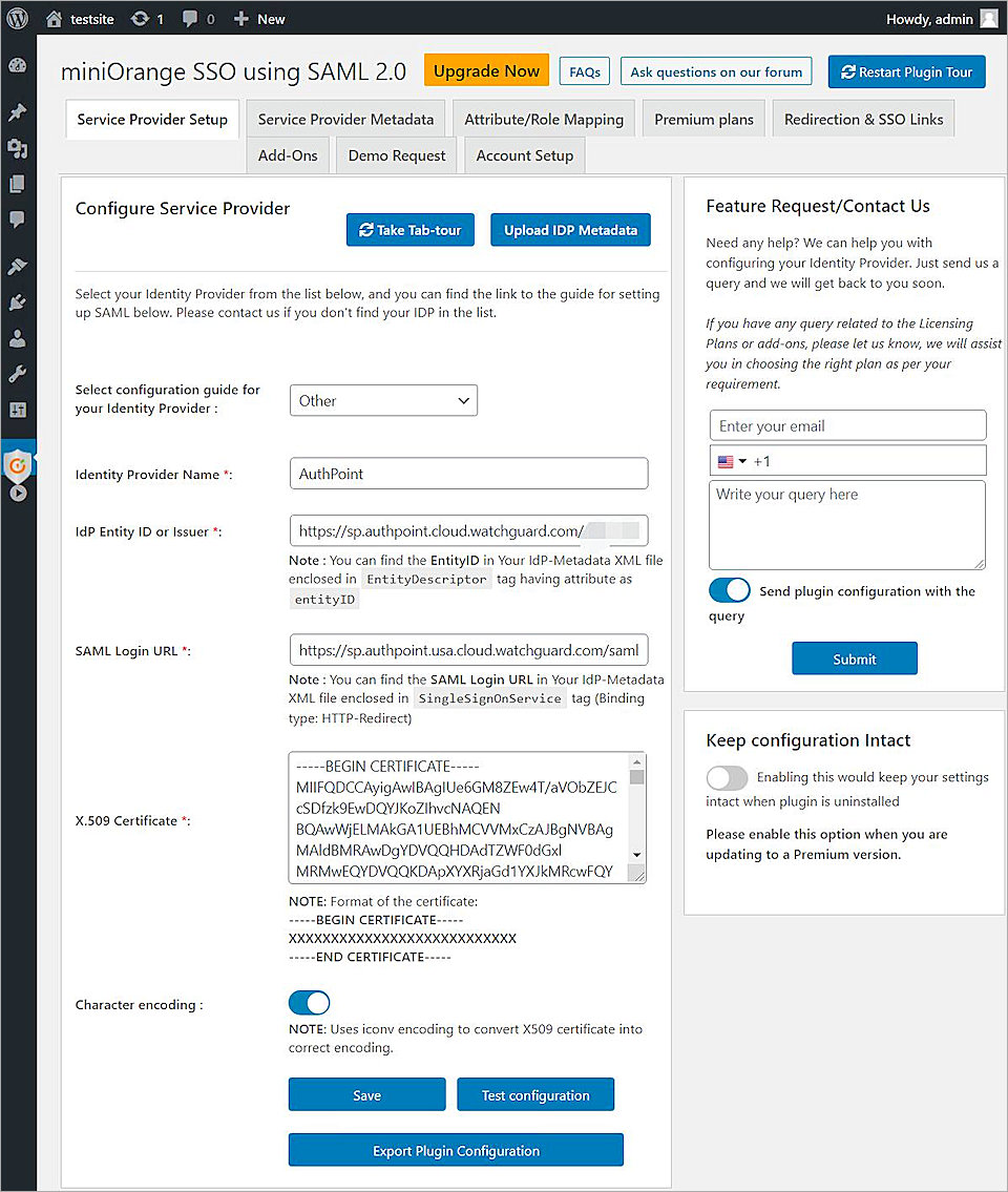 Screen shot of the wordpress config